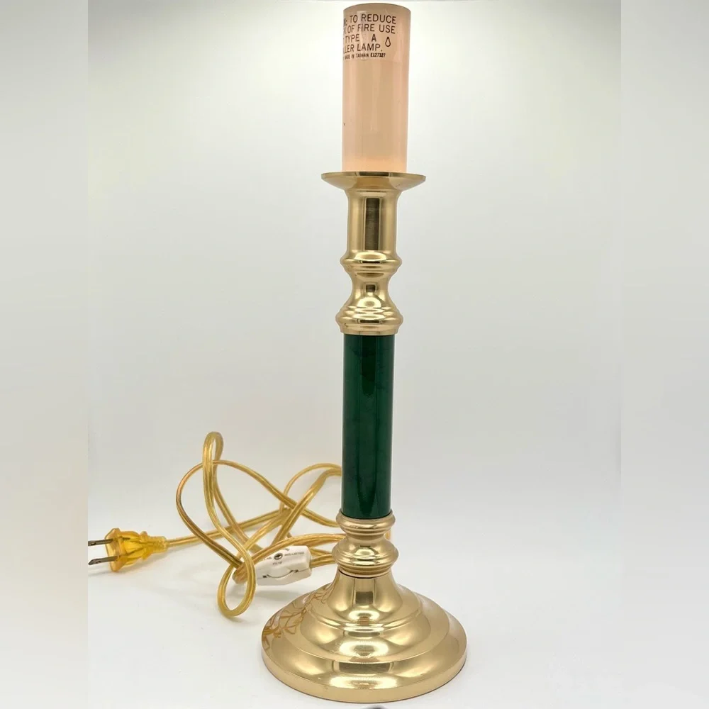 Vintage MCM Brass & Green Faux Marble Candlestick Portable Lamp Taiwan 70s